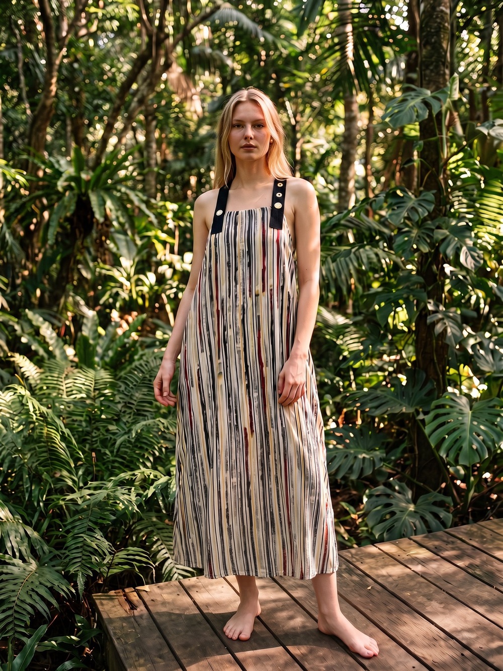 Darkwin Striped Maxi Cotton Dress with Black Buttoned Straps Size 1X